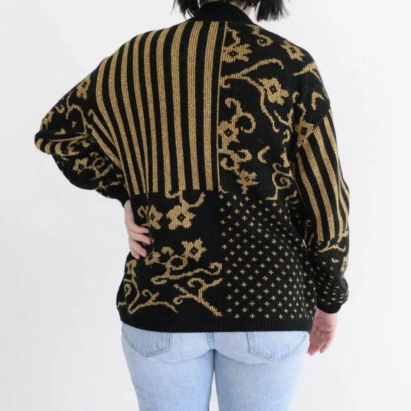 Vintage 90s Alfred Dunner Black w Metallic Gold  Floral Mockneck Sweater L - Picture 3 of 11